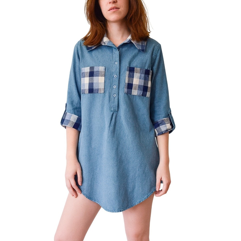 VINTAGE x HANDMADE denim chambray plaid trim dress‎ Workwear Chic Cottagecore